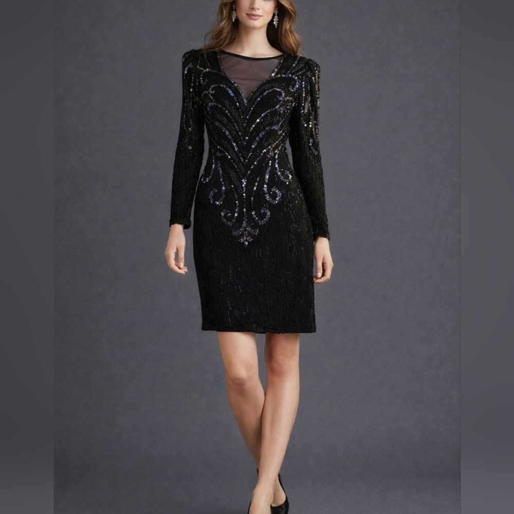 VTG AJ BARI 1980s Great Gatsby Heavily Beaded Sequin Silk Power Dress
